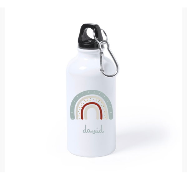 botella de aluminio personalizada con arco iris y el nombre, en colores azul y rojo