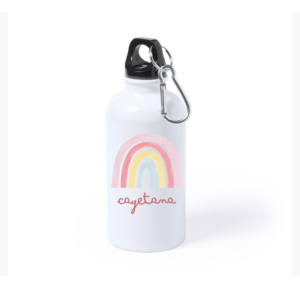 botella de aluminio personalizada con arco iris y el nombre, en colores rosas y amarillo